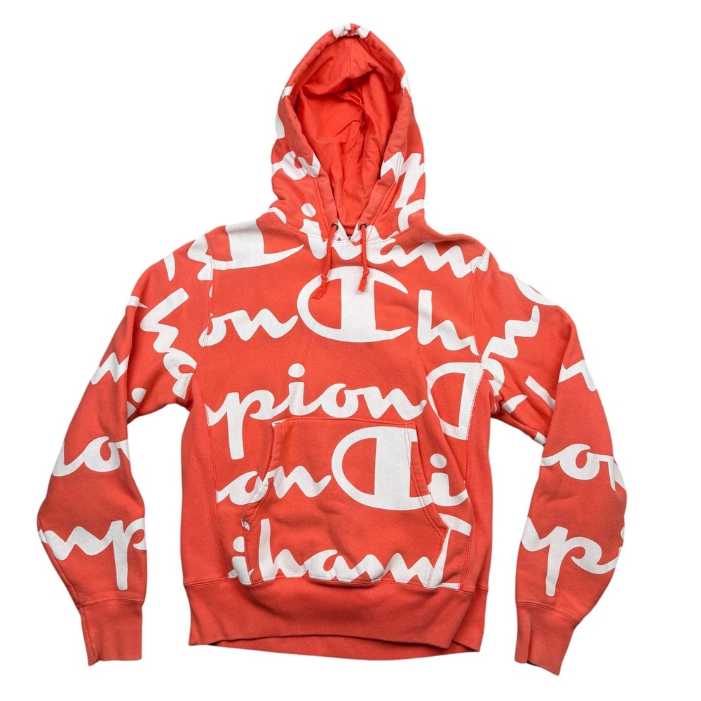 Champion Hoodie Mens M Red Script All Over Print Reverse Weave Pullover Vintage
